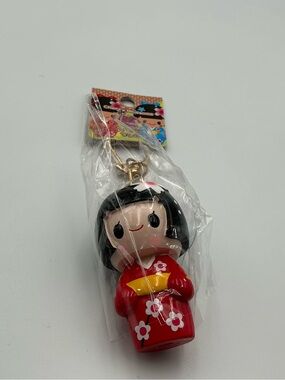 Red Floral Kokeshi Doll Keychain - Charming Collectible